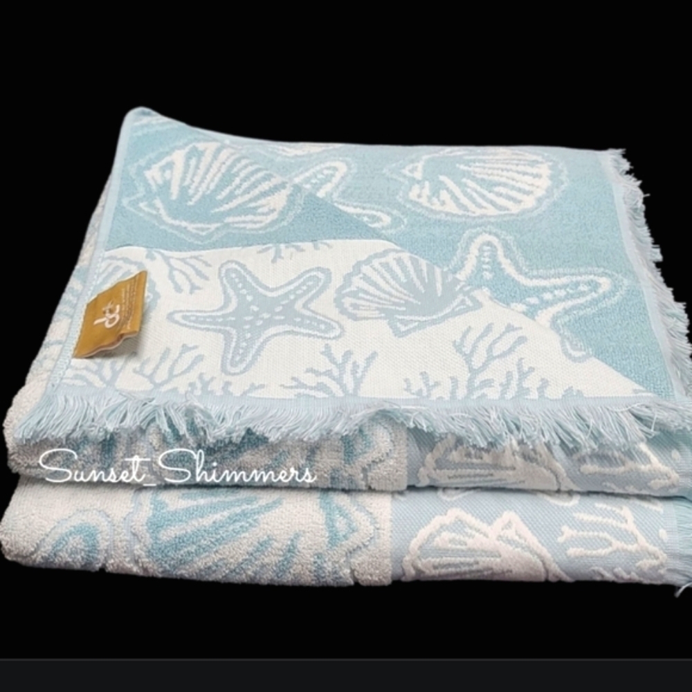 6pc Deborah Connolly Coastal Starfish Scalloped Seashell Bath Hand Tip Towel Set - Picture 4 of 10
